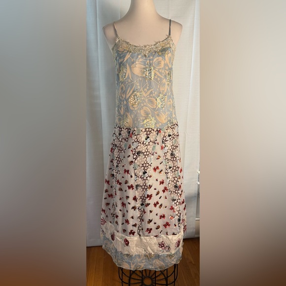 Anna Sui Dresses & Skirts - Anna Sui Silk Blend Boho Patchwork Slip Dress Size 2 – Floral Lace Trim Midi
